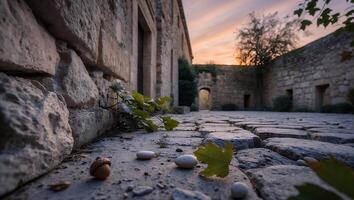Walking Through Stone Courtyard with Leaf and Acorn at Sunset photo