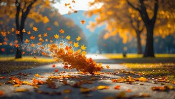 Falling Maple Leaves on Park Road in Autumn Season Scenery photo