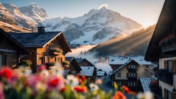 Alpine Village View with Flowers and Snowy Mountains at Sunrise photo