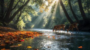 Deer Drinking Water in Forest River with Autumn Leaves and Sunlight photo