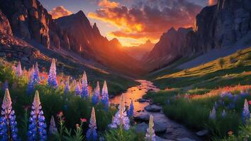 Scenic Mountain Valley with Flowing Stream and Colorful Lupine Flowers photo