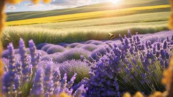 Lavender Field with Flying Bee and Sunlight Shining on Rolling Hills photo
