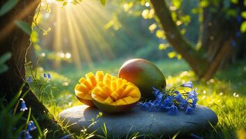 Mango Fruit Still Life in Sunlight with Flowers on Stone photo