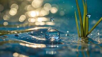 Water Drops Reflecting Light with Blades of Grass in a Pond photo