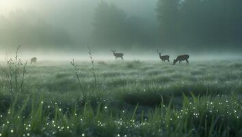 Deer Grazing in Foggy Meadow at Dawn with Water Droplet Details photo