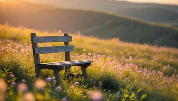 Bench in Flower Field with Rolling Hills at Golden Hour Sunset photo