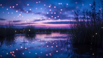 Reflecting Pond at Twilight with Purple Sky and Bokeh Lights photo