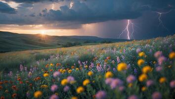 Wildflower Meadow Under Stormy Sky at Sunset with Lightning Strike photo