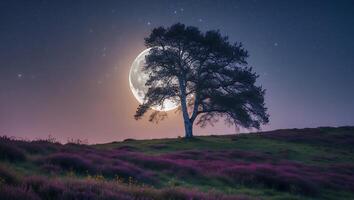 Standing Tree in Field with Purple Flowers and Full Moon Background photo