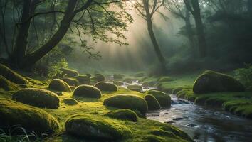 Stream Flowing Through Mossy Rocks in Forest with Sun Rays photo