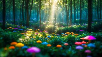 Colorful Mushroom Field in Forest with Sunlight Streaming Through Trees photo