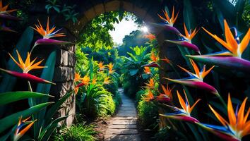 Walking Path Through Lush Garden with Bird of Paradise Flowers photo