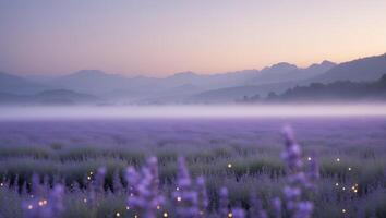 Lavender Field in Foggy Valley at Dusk Serene Landscape View photo