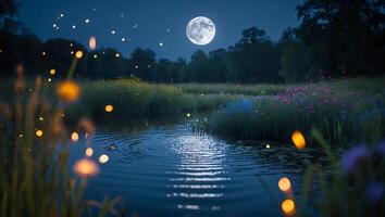 Moonlit Pond and Meadow at Night with Firefly Lights photo