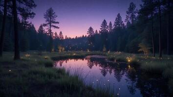 Still Lake Reflecting Stars in Forest with Glowing Light Bugs photo