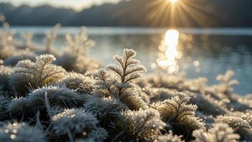Frosty Plants Glistening by Lake at Sunrise in Winter Landscape photo