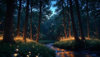 Glowing Lights Illuminate a Forest Stream at Night Creating Magic photo