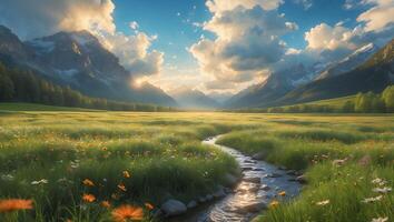 Stream Flowing Through Meadow Towards Mountains Under a Cloudy Sky photo