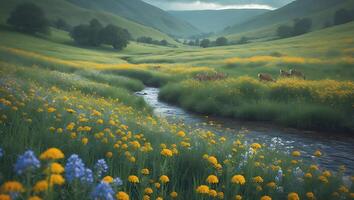 Peaceful Valley Stream with Wildflowers and Deer Grazing in Meadow photo