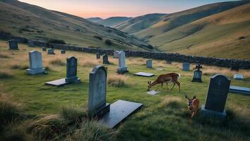 Deer Grazing in Cemetery Hillside Landscape with Stone Wall photo