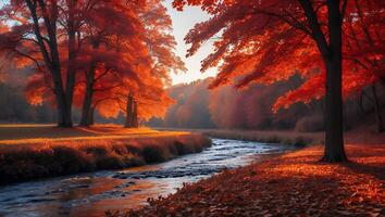 River Flowing Through Autumn Forest with Colorful Fall Foliage photo