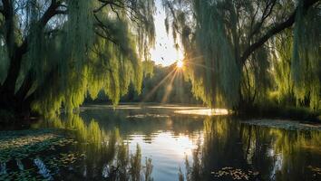 Reflecting Sunlight Over a Pond with Willow Trees and Lilypads photo
