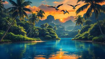 Birds Flying Over Tropical Island at Sunset with Water Reflection photo