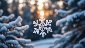 Snowflake Close Up in Winter Forest with Soft Sunlight photo