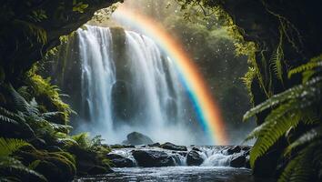 Waterfall with Rainbow Emerging in Lush Green Forest Setting photo