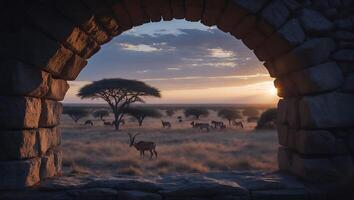 African Savanna Animals Seen Through Stone Archway at Sunset photo