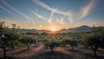 Tranquil Orchard at Sunrise with Rows of Trees and Striking Sky photo