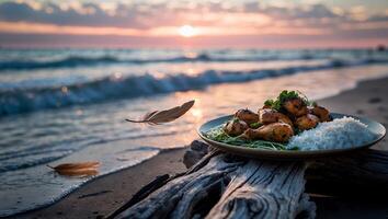 Chicken and Rice on Beach at Sunset Perfect Coastal Dining photo
