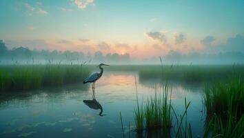 Heron Standing in Shallow Water at Sunrise with Foggy Background photo