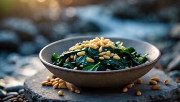 Spinach Salad with Pine Nuts in a Bowl by Stream photo