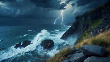 Dramatic Coastal Storm with Lightning Striking Over the Ocean Cliffs photo