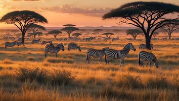 Zebra Grazing in African Savanna at Sunset with Golden Light photo