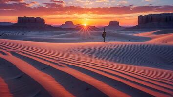 Desert Sand Dunes at Sunset with Cactus and Colorful Sky photo