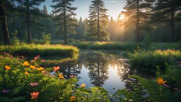 Reflecting Pond in Forest with Wildflowers and Sunlit Haze photo