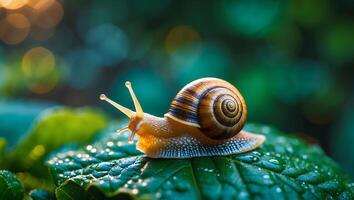 Snail Crawling on Green Leaf with Water Droplets in Garden photo