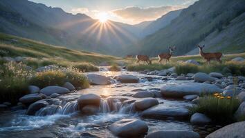 Deer Standing by Mountain River at Sunrise in a Grassy Valley photo