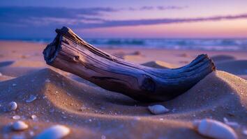 Driftwood and Seashells on Sandy Beach at Sunset Peaceful Ocean Scene photo