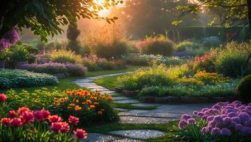 Walking Path Through Beautiful Flower Garden at Sunrise or Sunset photo