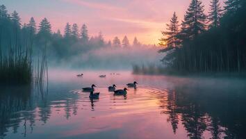 Ducks Swimming in Misty Lake at Sunrise with Forest Reflections photo