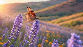 Butterfly Resting on Lavender Flower Field with Sunset Light Shining photo