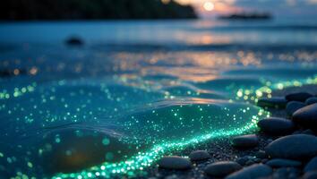 Glowing Bioluminescent Waves Washing Up on a Pebble Beach at Dusk photo