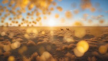 Deer Running on Open Grassland During Sunset with Bokeh Effects photo