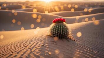 Blooming Cactus in Desert Sand Dunes at Sunset with Warm Light photo