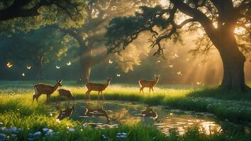 Deer Family Drinking at Forest Pond with Sunlight and Butterflies photo