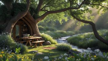 Picnic Scene by Creek with Cozy Treehouse and Sun Rays photo