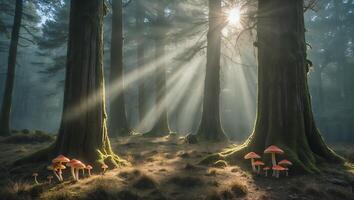 Exploring the Forest with Sunlight and Fungi in a Tranquil Scene photo